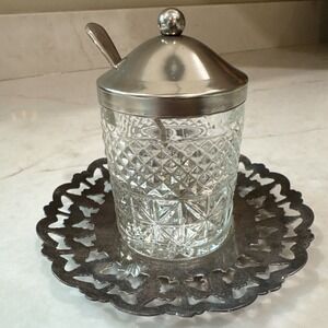 French Glass Jam Pot Preserve Jar Honey Pot With Lid Sheffield England Spoon